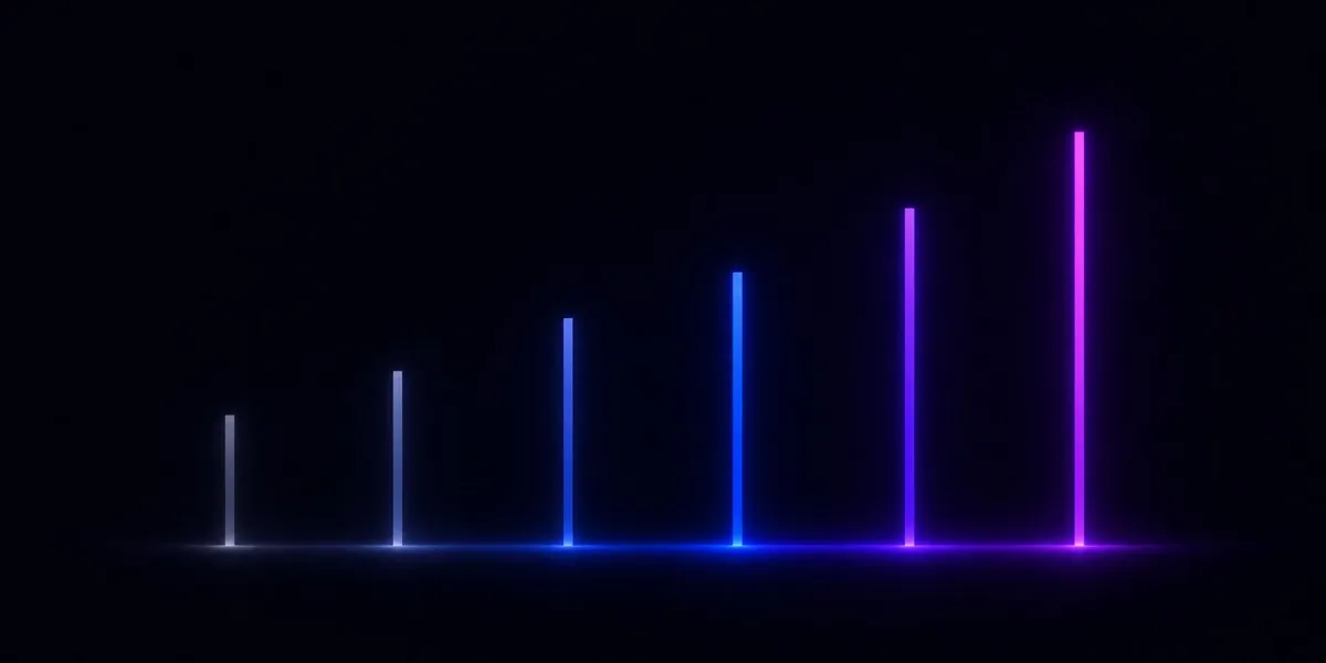 Sechs senkrechte Lichtbalken, die von Blau zu Violett höher und heller werden