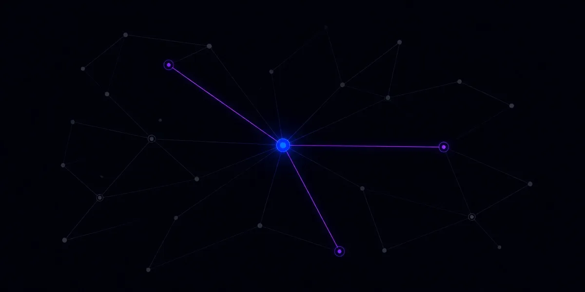 Ein leuchtendes Netz aus Knoten, drei Verbindungen leuchten violett vor fast schwarzem Hintergrund